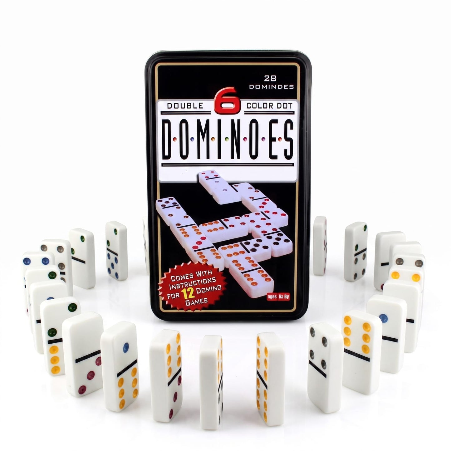 Coffret Jeu de Dominos Double 6 à Points Colorés (28 Pièces) | Boîte en Métal & Règles Incluses