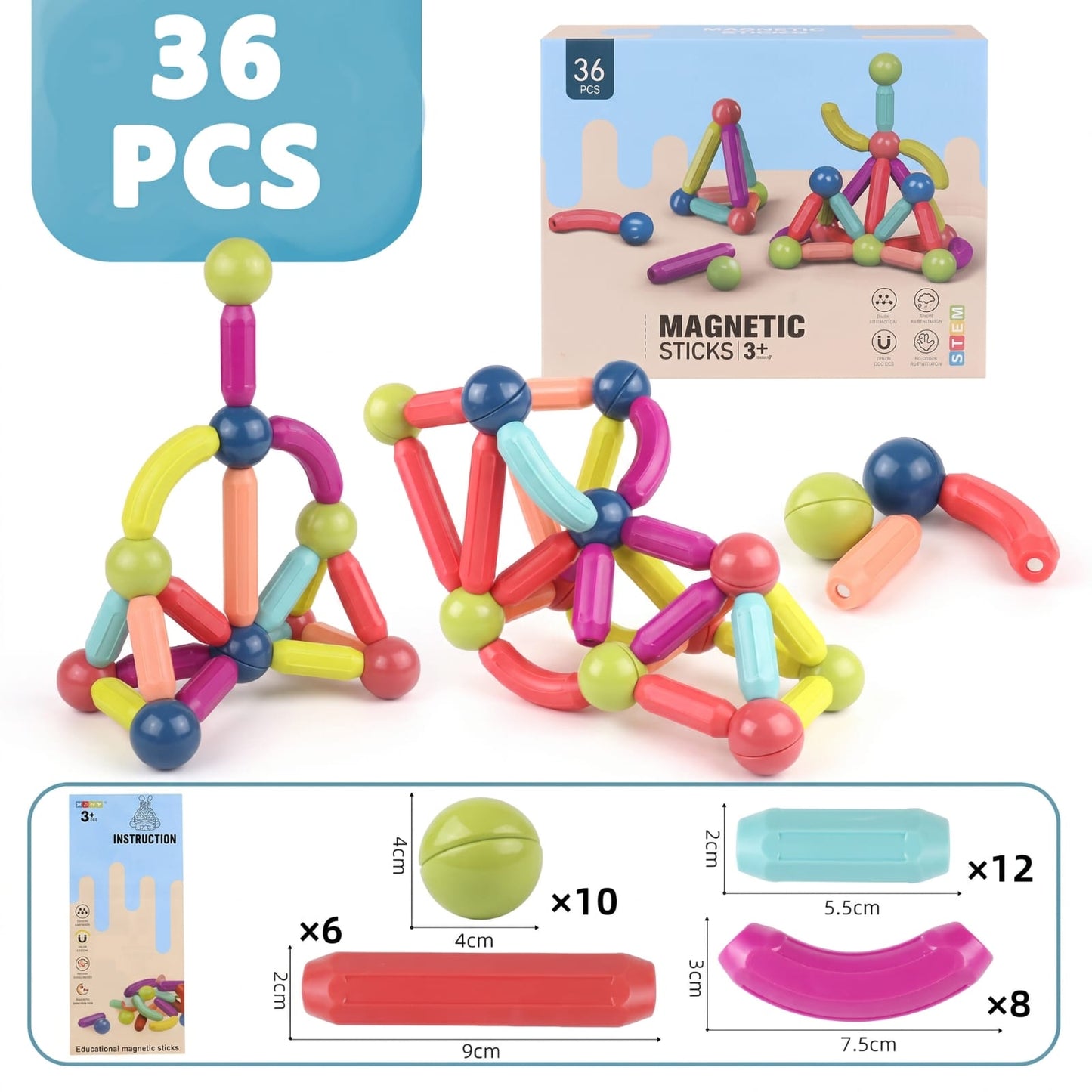 Coffret de Construction Magnétique STEM (36 Pièces) | Bâtons et Balles 3D Éducatifs