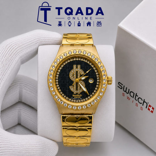 Montre Femme Luxe Swatch Dollar – Bracelet Doré Premium avec Cadran Noir Élégant
